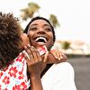 Daughter hug mother and laughing